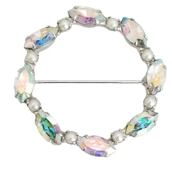 B David Silver Tone AB Rhinestone Faux Pearl Round Open Brooch Pin, Signed M354 - Picture 1 of 6